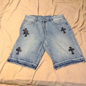 Chrome Hearts Blue Jean Shorts with Black Crosses